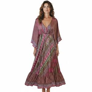 Celina Boho Maxi Womens Dress OSFM Silk Blend Paisley Fuscia Pink Wedding Guest
